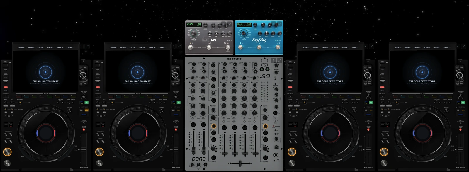 The booth in four-deck mode: four P2P-3000X players around the BONE:69 mixer, the LineTime and SkyBig pedals above it