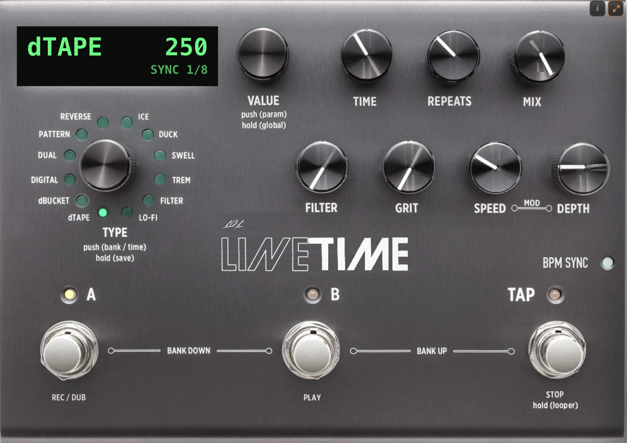 The LineTime delay pedal, an emulation of the Strymon TimeLine