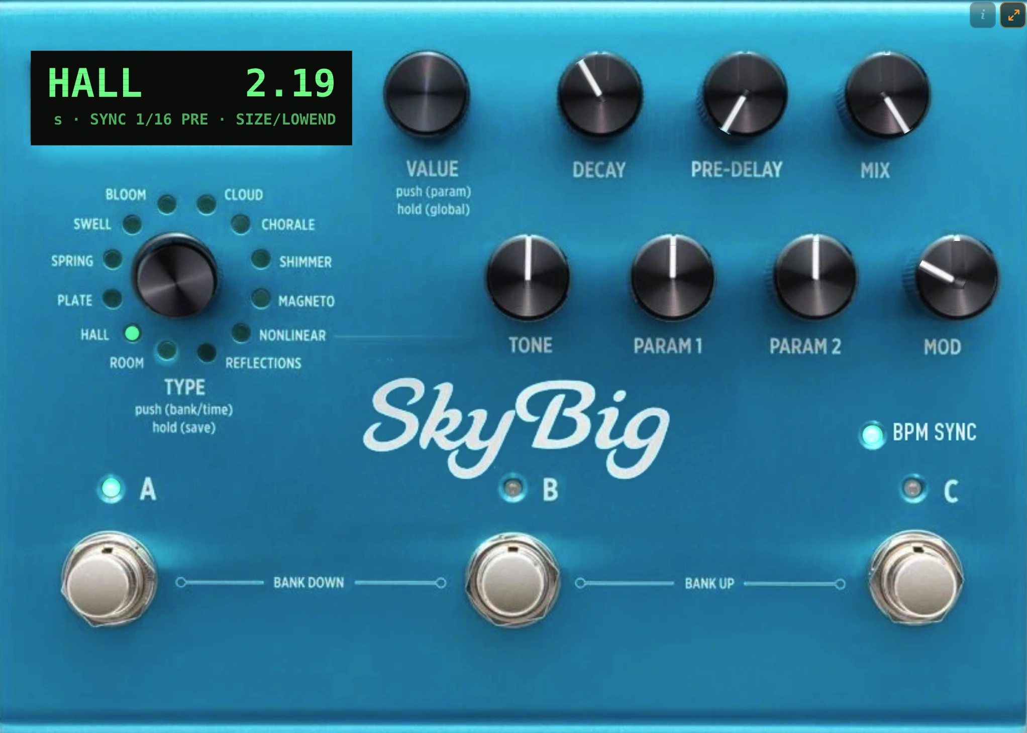 The SkyBig reverb pedal, an emulation of the Strymon BigSky