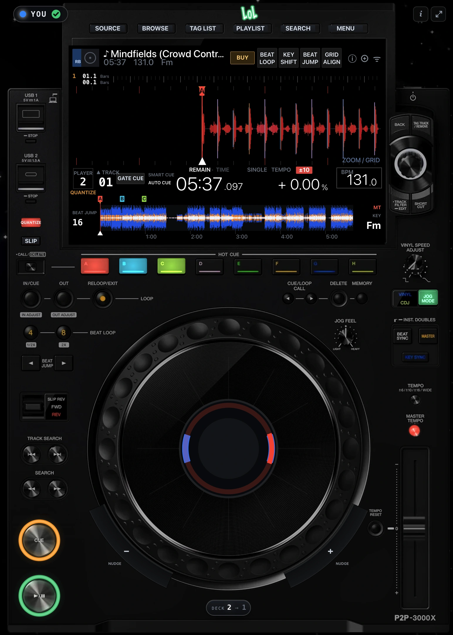 The P2P-3000X player, expanded: the screen with the waveform and beat grid, hot cue pads, the jog wheel, tempo fader