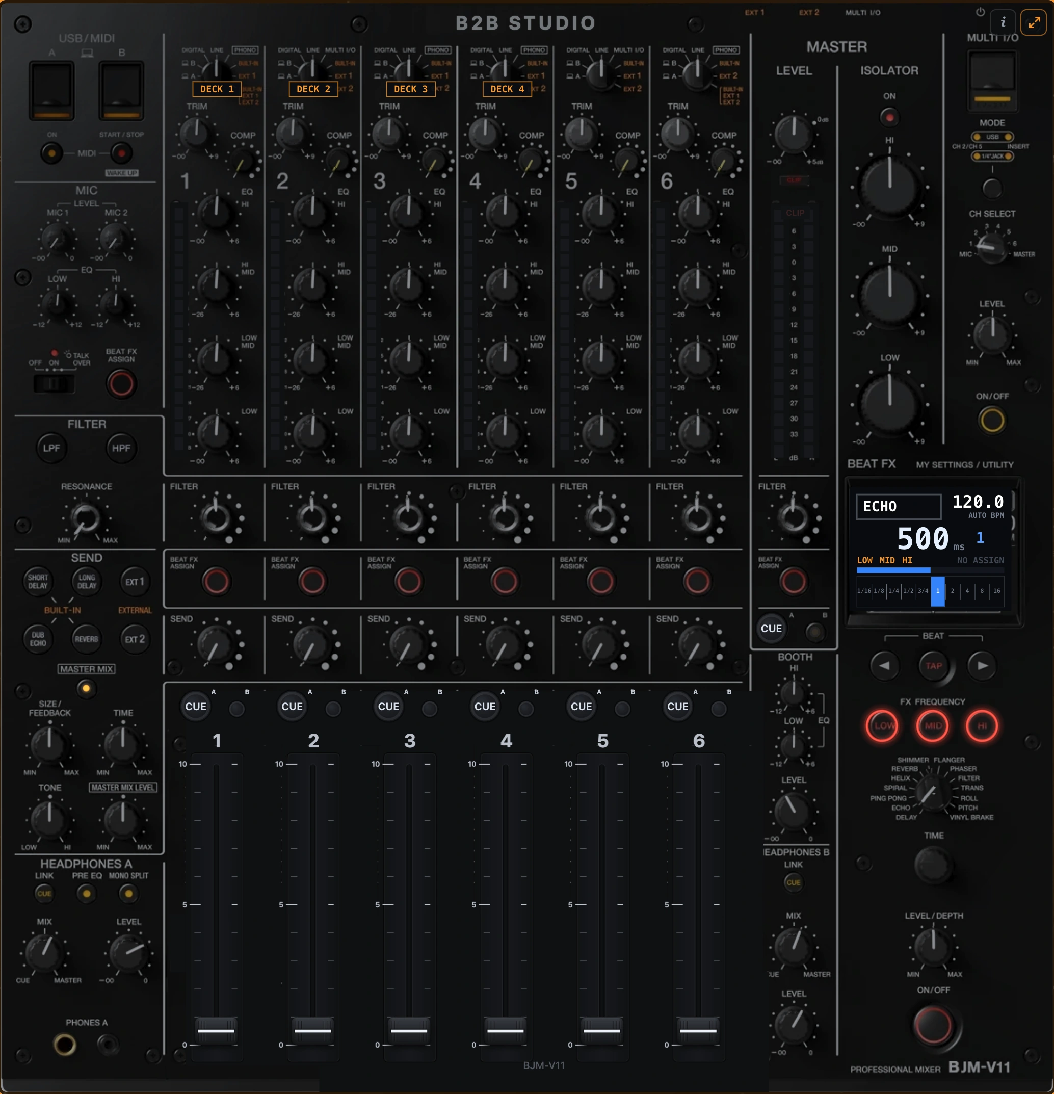 The BJM-V11 mixer, expanded: six channels with four-band EQ and filters, the isolator, BEAT FX, send and return