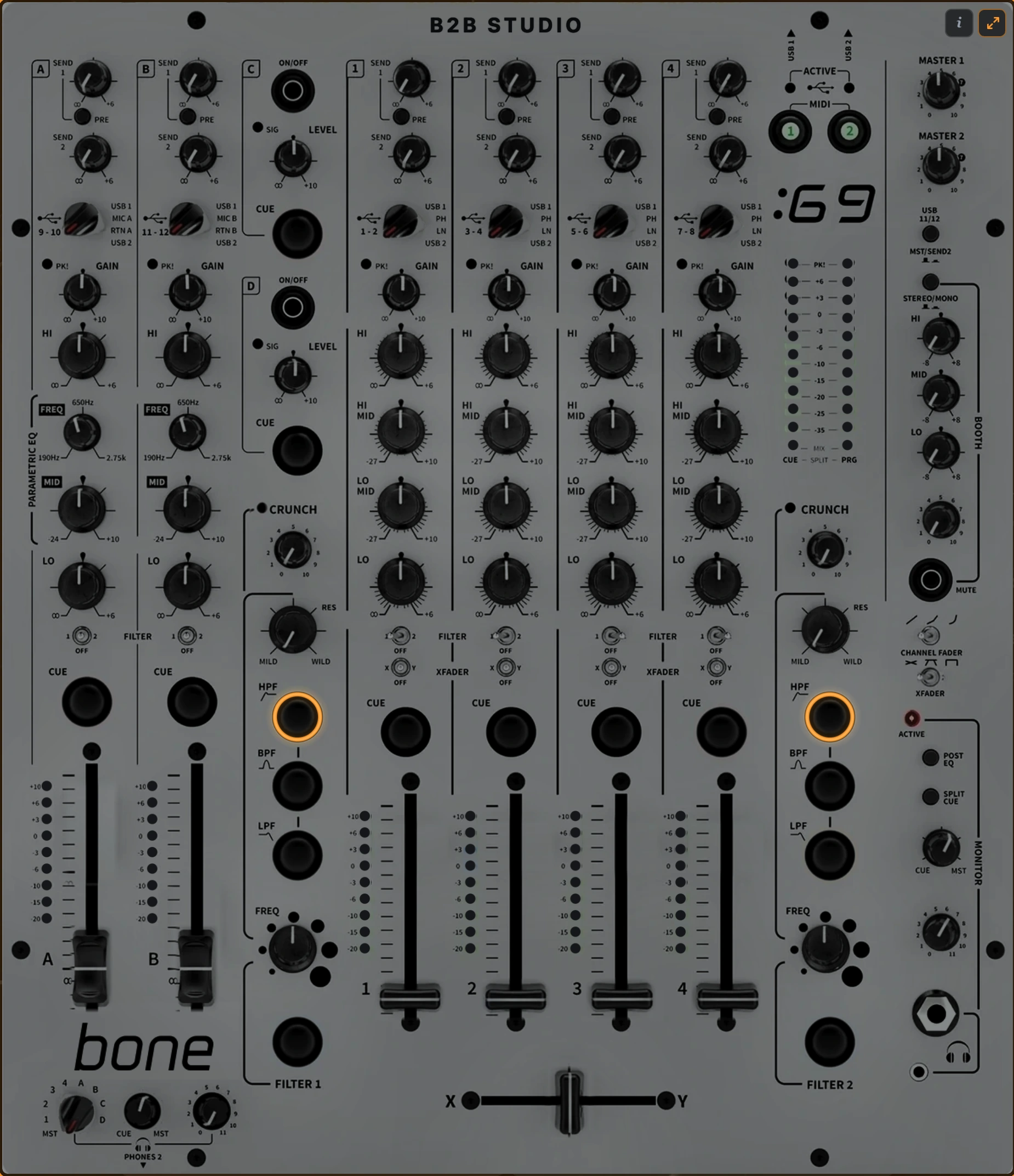 The BONE:69 mixer, expanded: four-band EQ, dual filters, CRUNCH, send channels, the crossfader