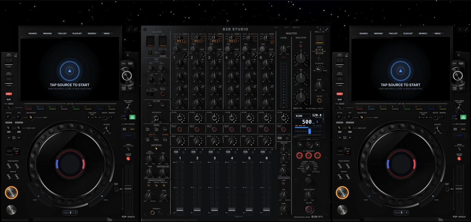 The B2B Studio booth: two P2P-3000X players either side of the BJM-V11 mixer